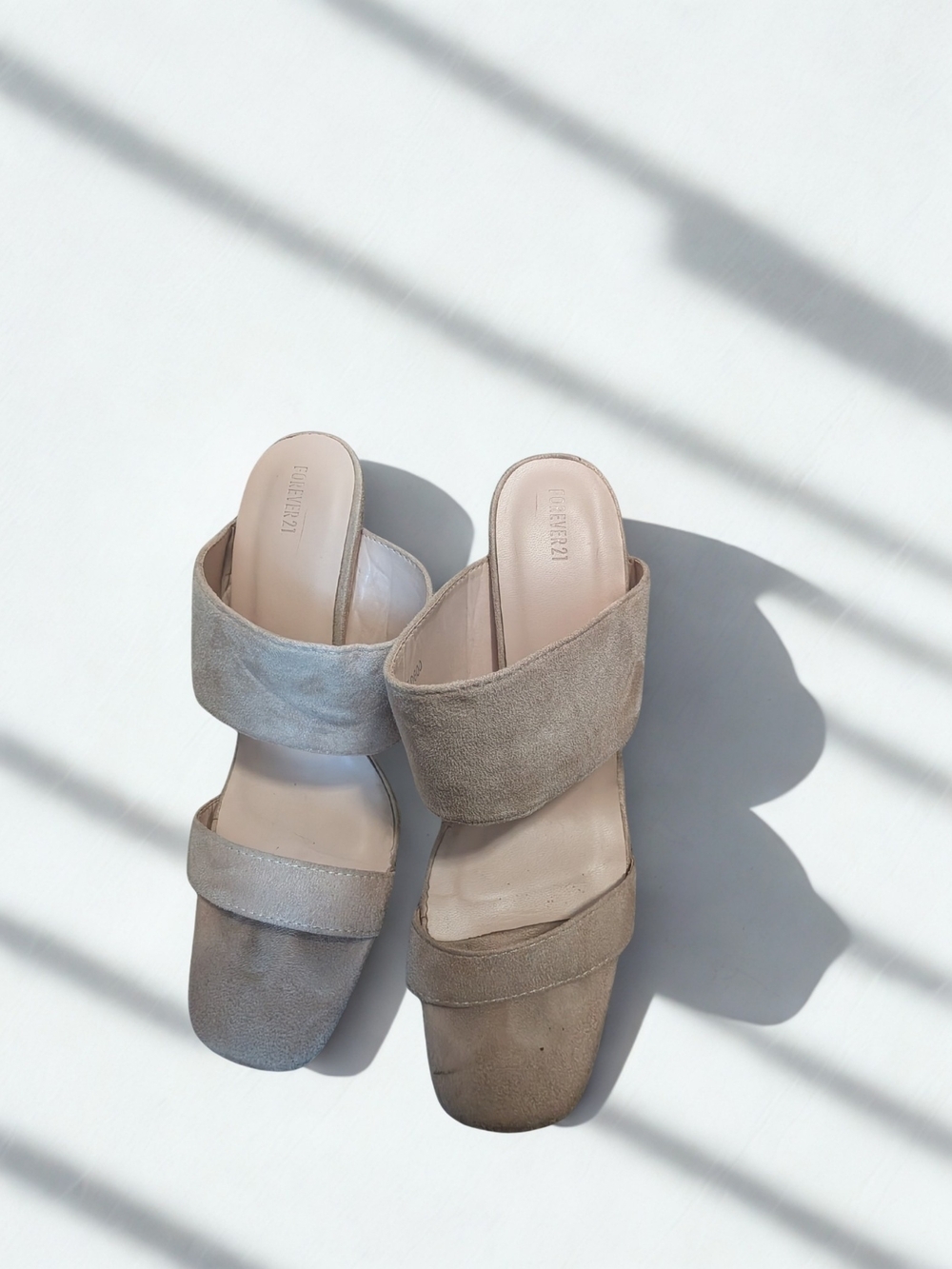 Forever 21 Beige/Taupe Double Strap Suede Slide Heels - Picture 1 of 3